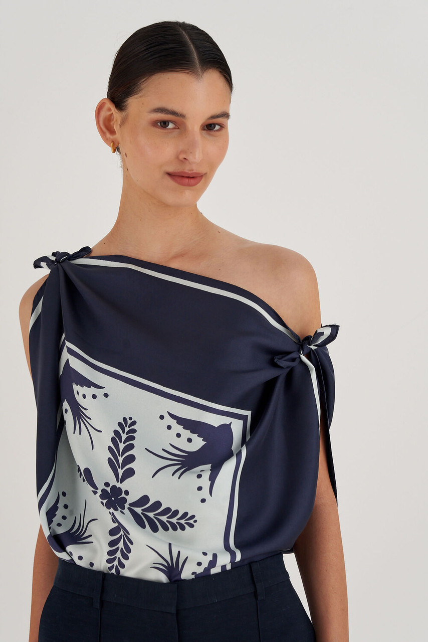 Oroton Bird Tile Silk Scarf North Sea