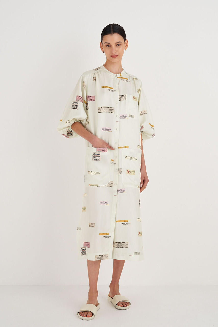 Oroton Short Sleeve Label Print Dress Soft Cream