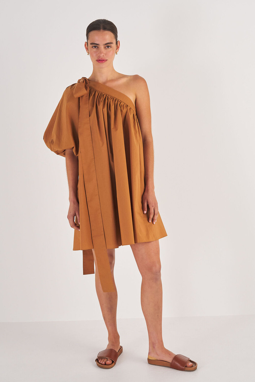 Oroton One Shoulder Gathered Dress Brandy