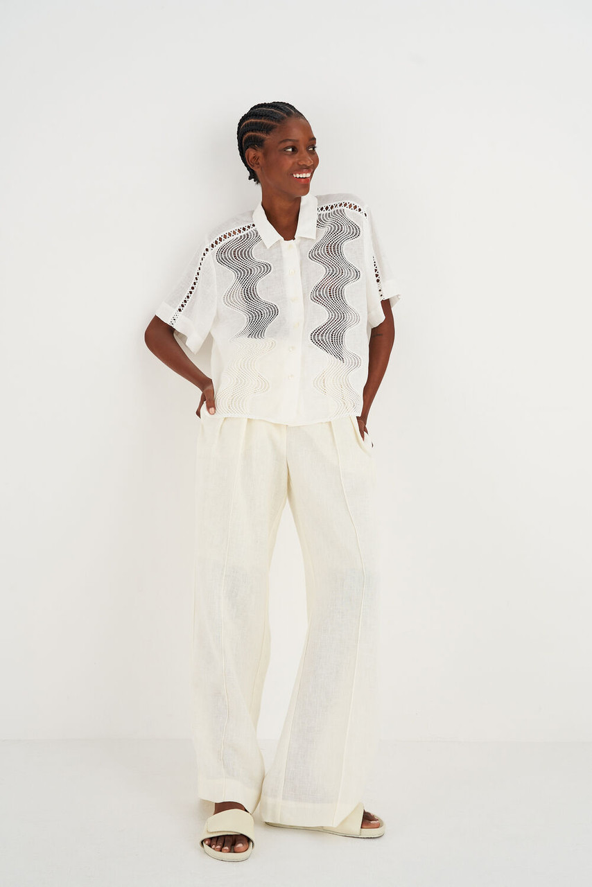 Oroton High Waist Pleat Pant Soft Cream