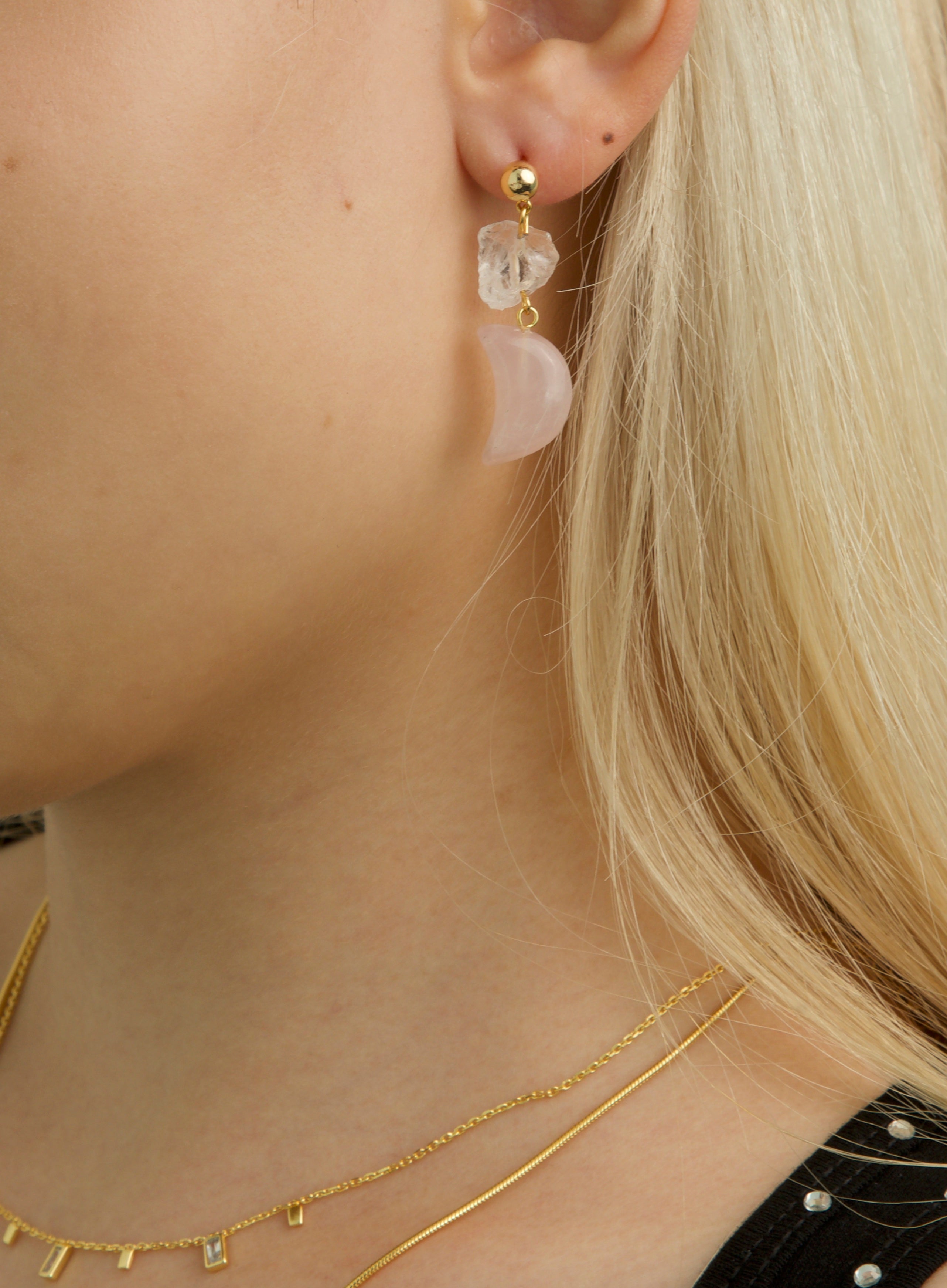 Rose Quartz Crystal Moon Earrings