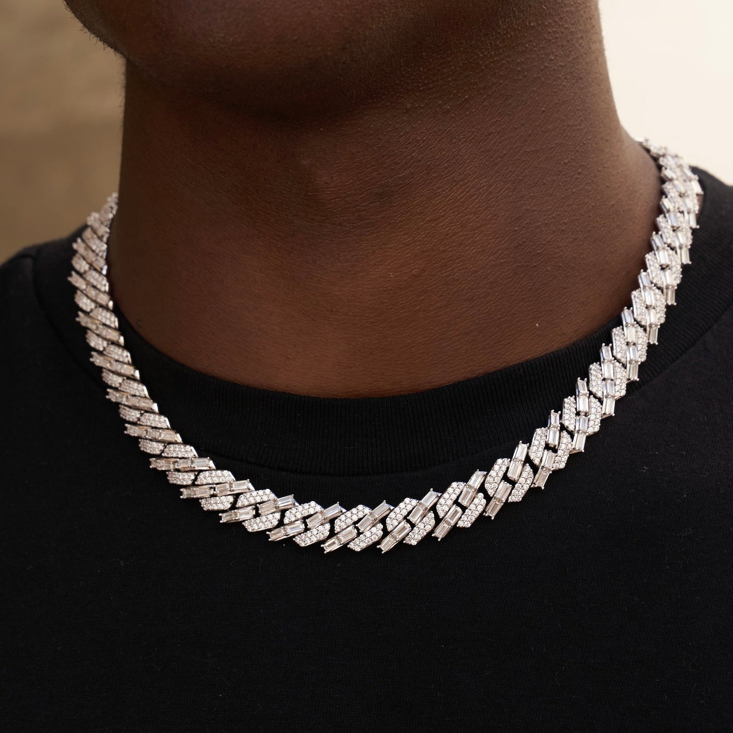12mm Mixed Stone Diamond Cuban Necklace - White Gold