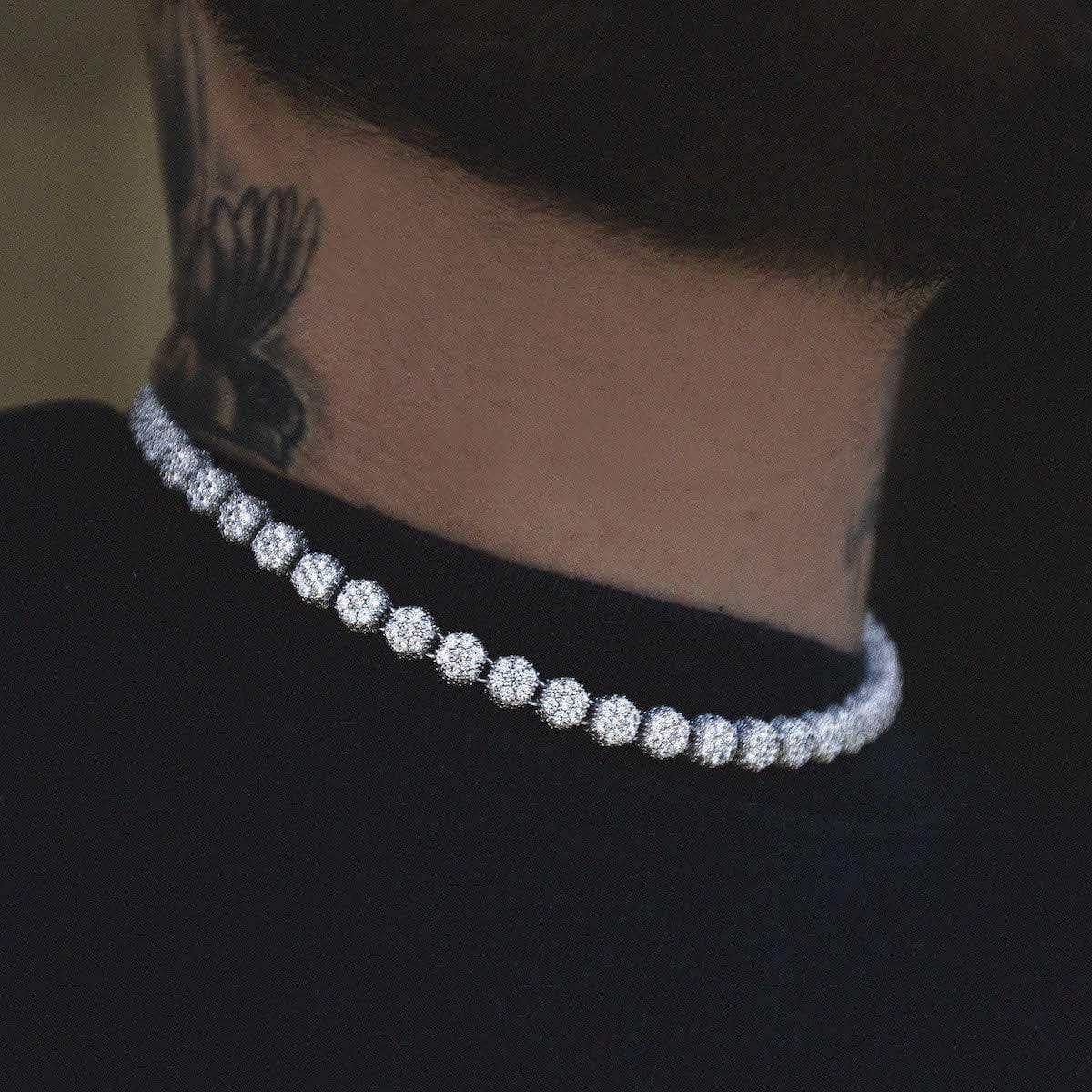 Pave-Set Clustered Tennis Necklace in White Gold