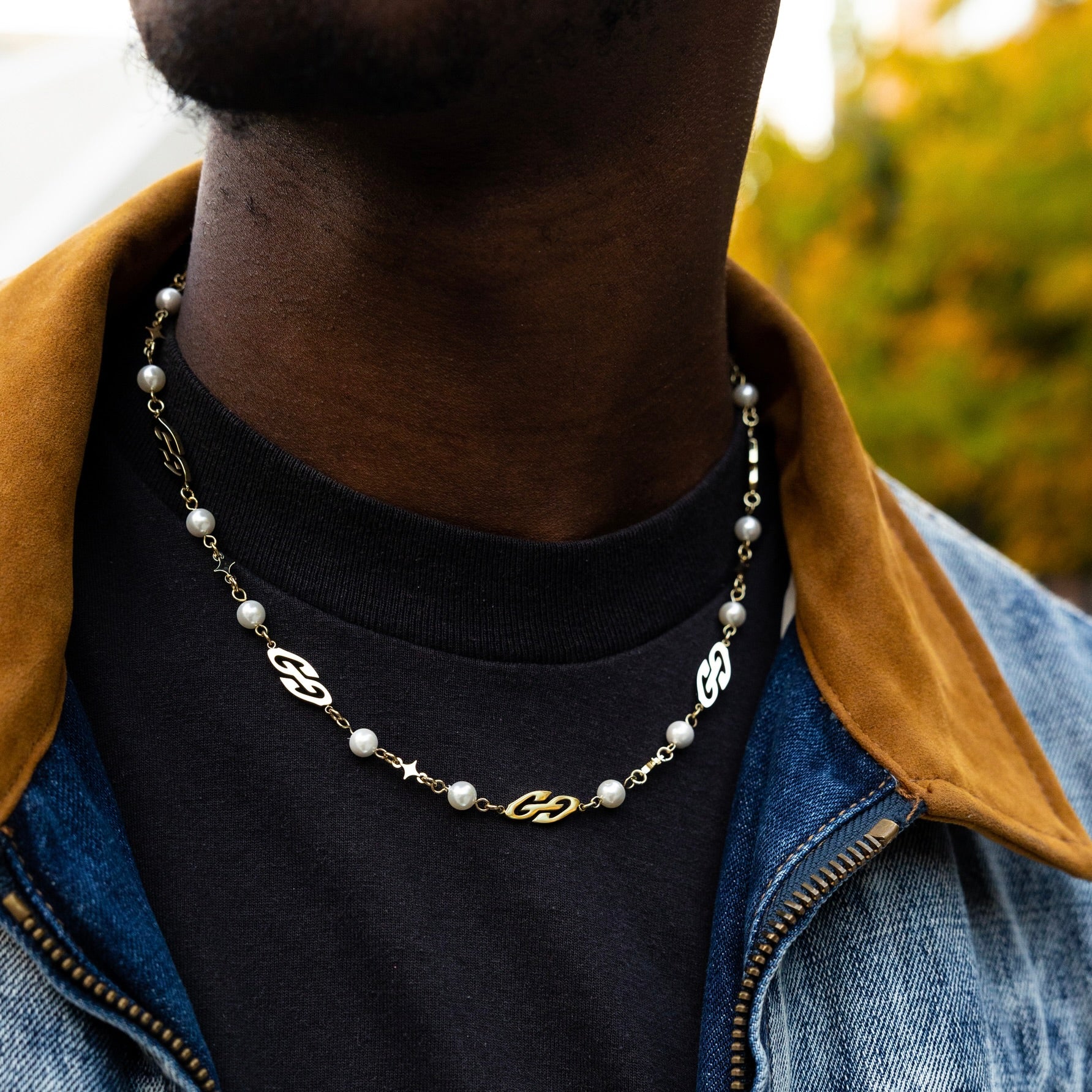 GG Logo Pearl and Stars Necklace - Yellow Gold