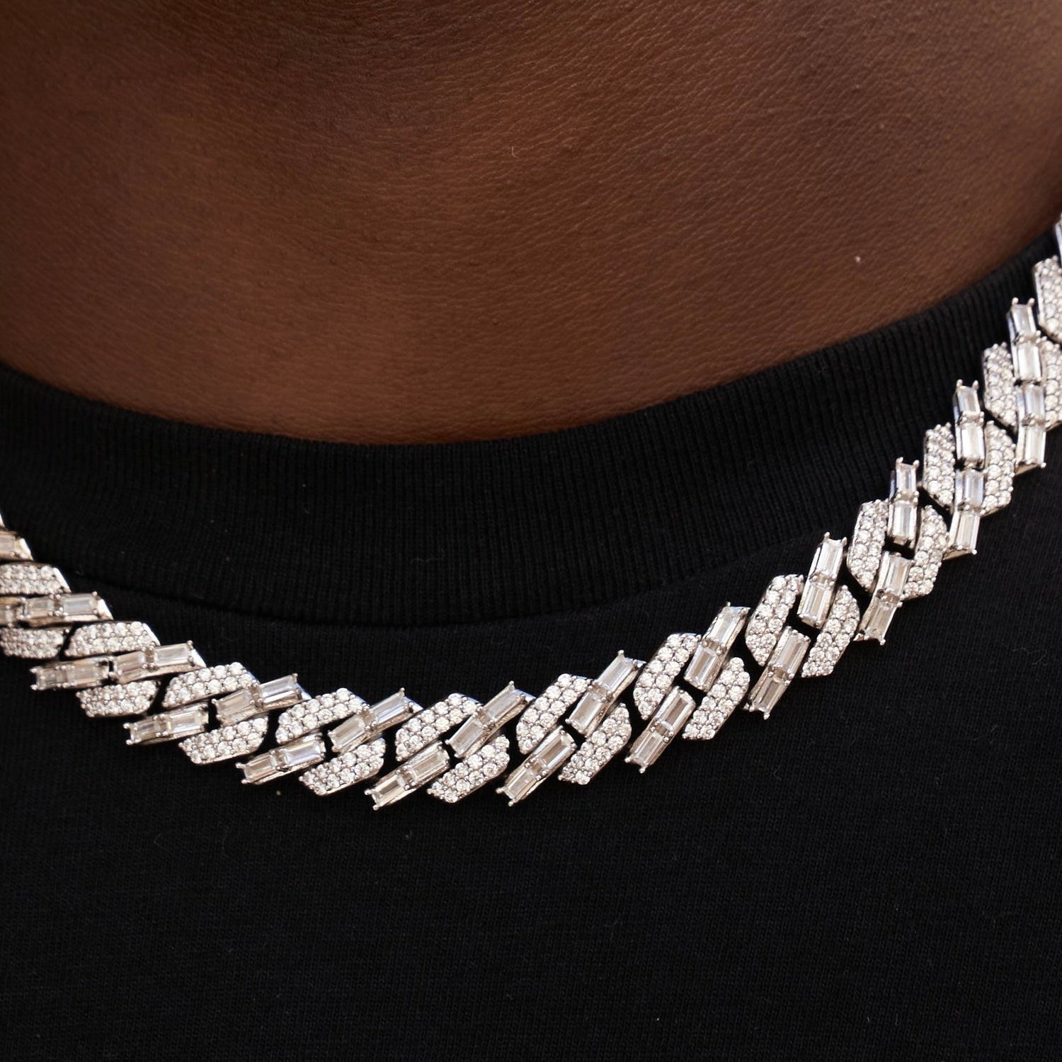 12mm Mixed Stone Diamond Cuban Necklace - White Gold