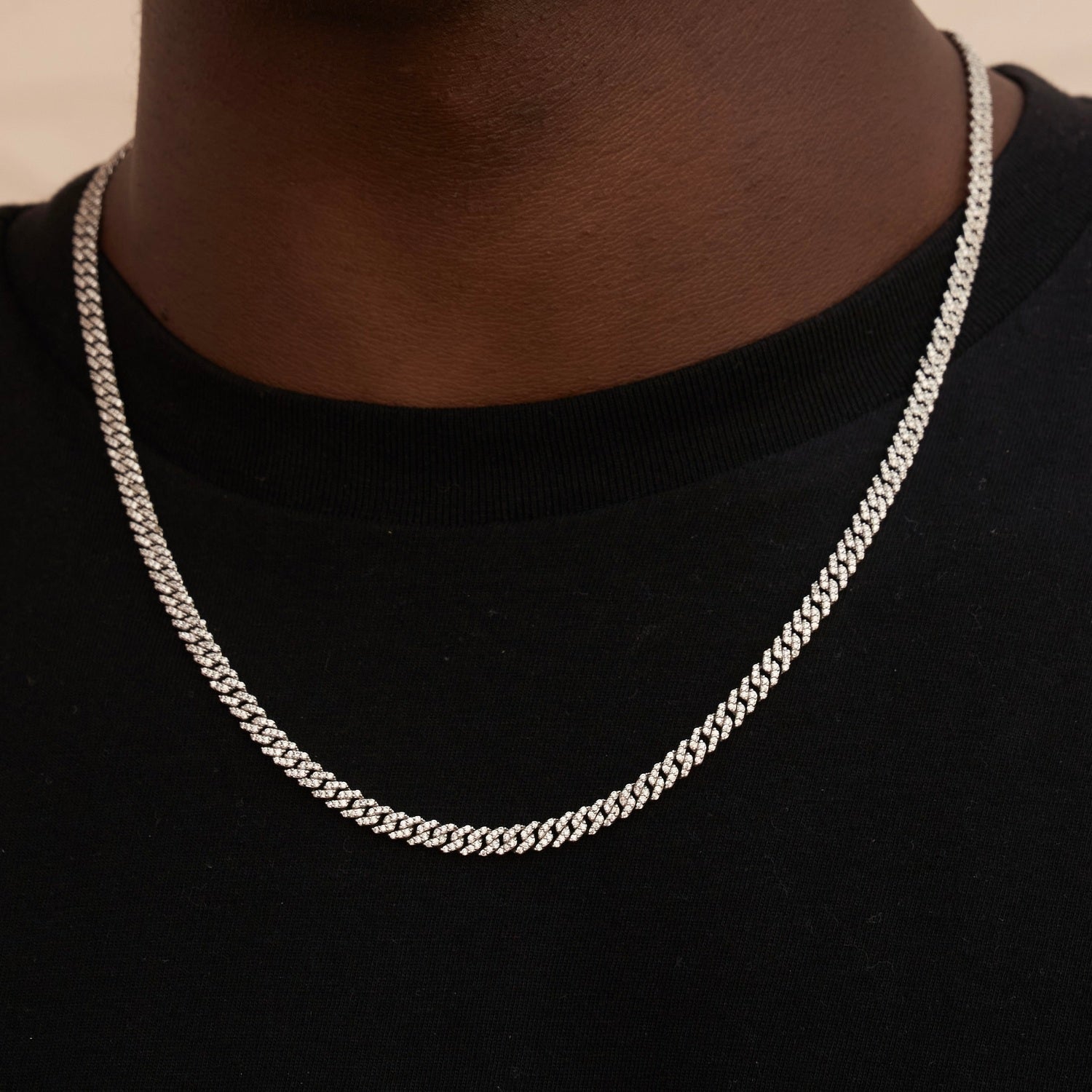 Micro Diamond Prong Cuban Necklace - White Gold