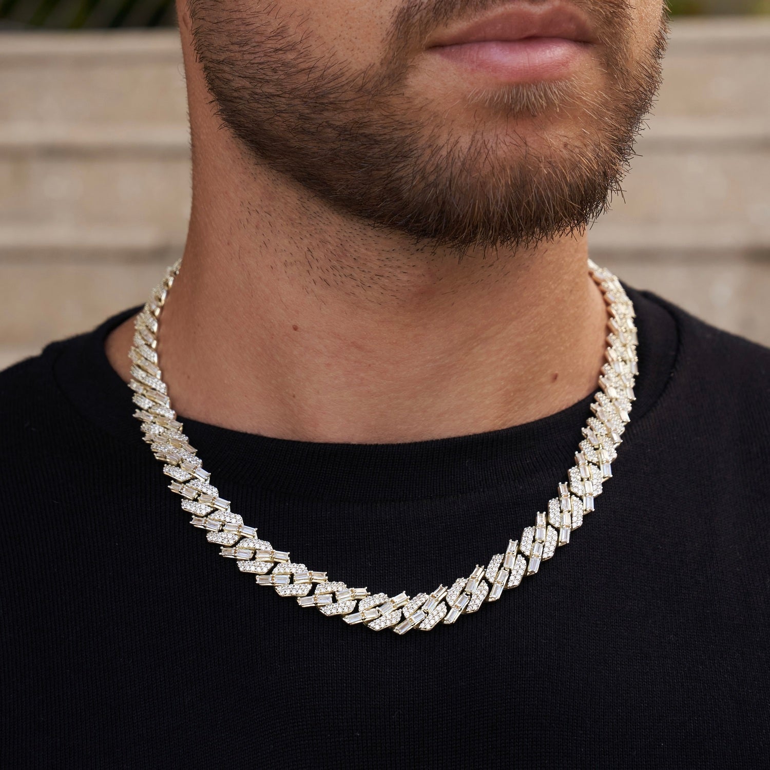12mm Mixed Stone Diamond Cuban Necklace - Yellow Gold