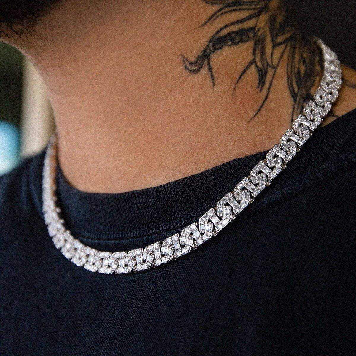 Baguette Chain Link Necklace in White Gold