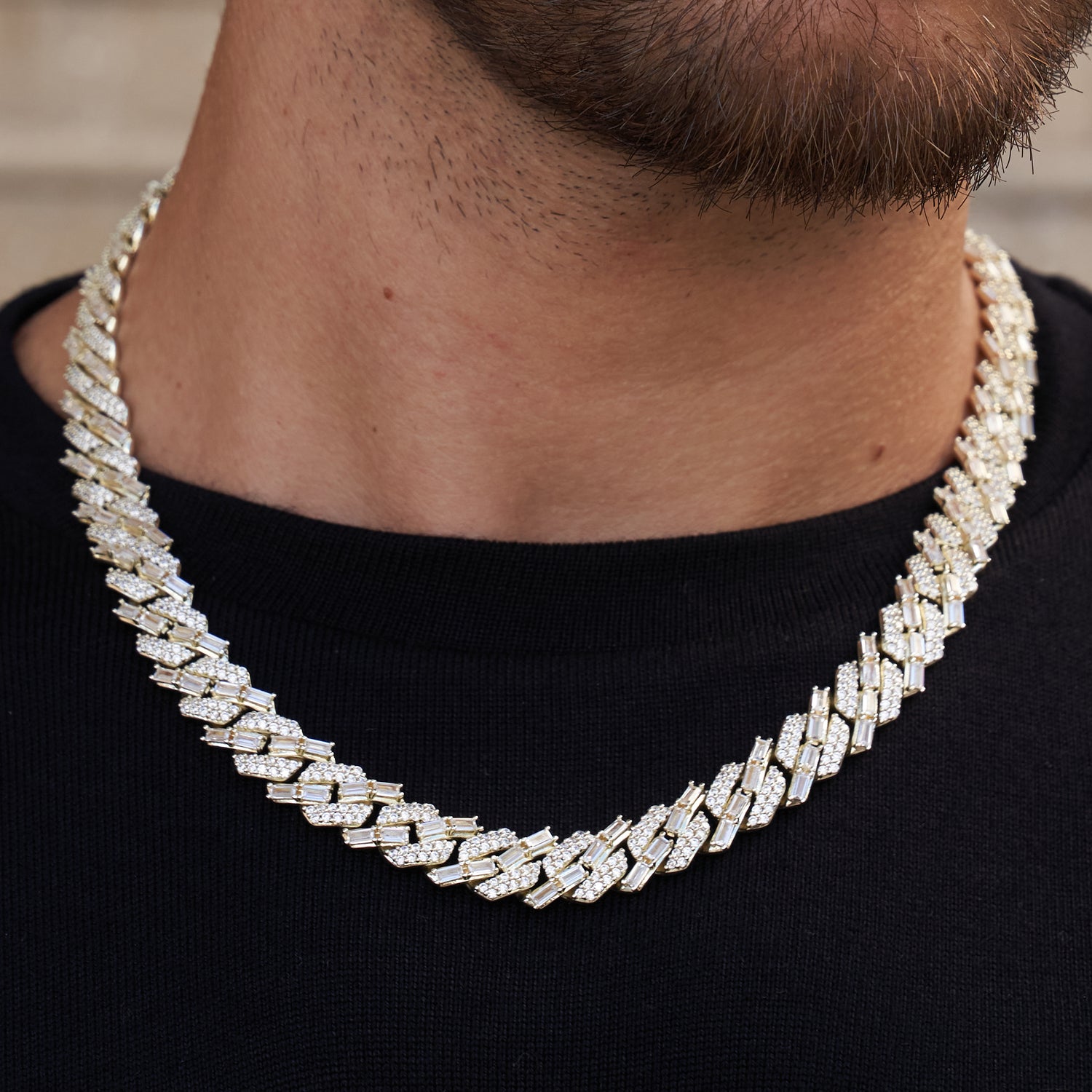 12mm Mixed Stone Diamond Cuban Necklace - Yellow Gold