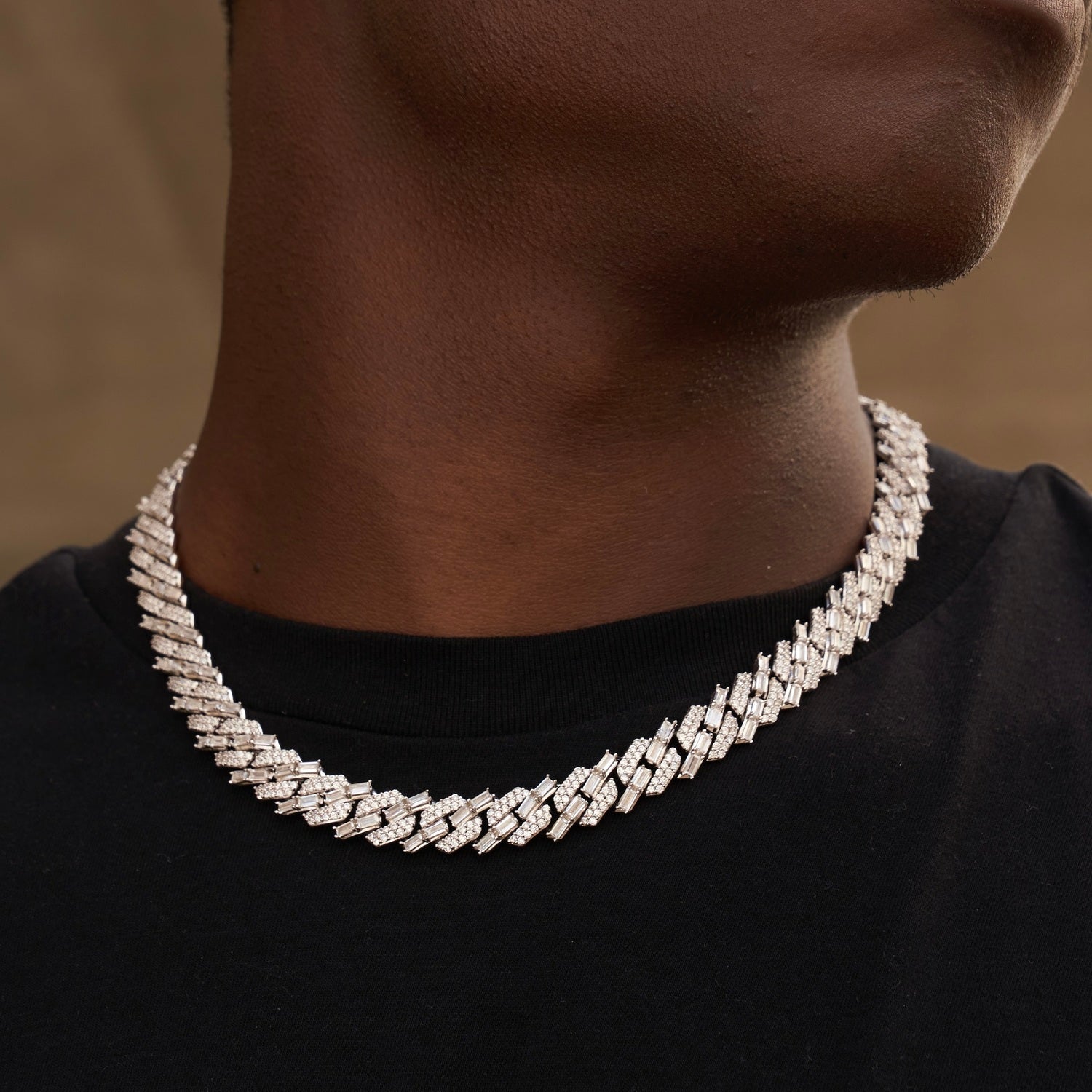 12mm Mixed Stone Diamond Cuban Necklace - White Gold