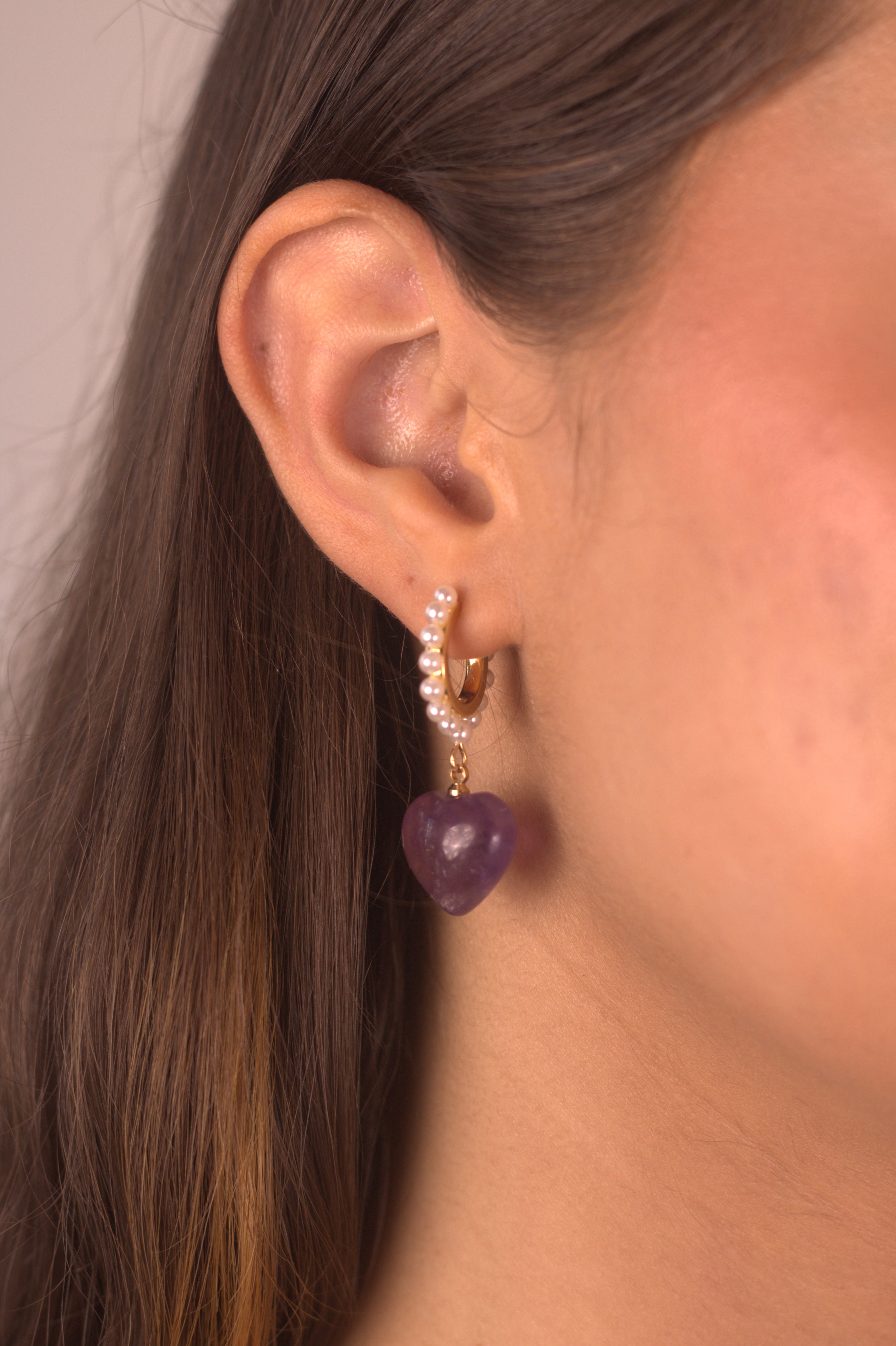 Amethyst Crystal Heart Hoop Earrings