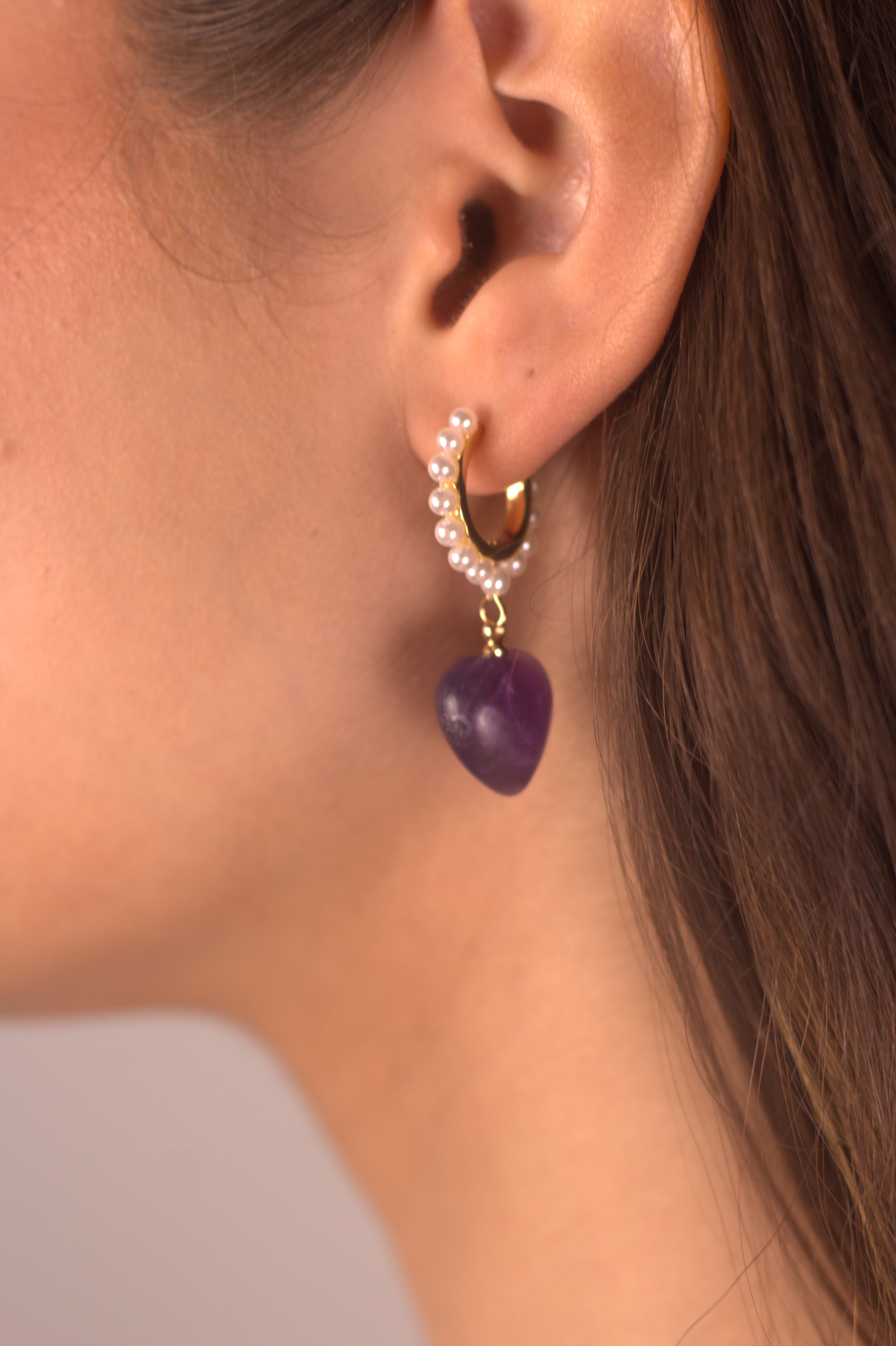 Amethyst Crystal Heart Hoop Earrings