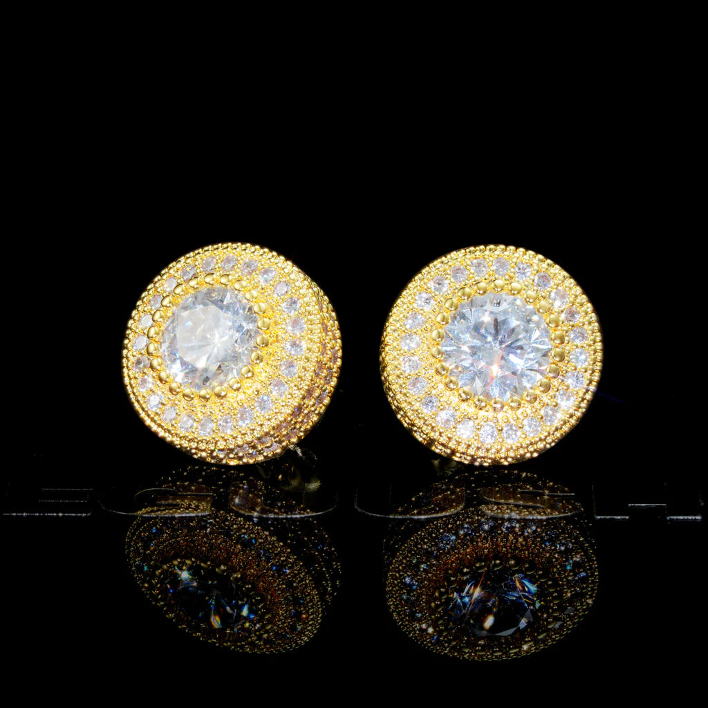 925 STERLING GOLD-PLATED/SILVER ICED ROUND SHAPE 12MM HIP HOP EARRINGS