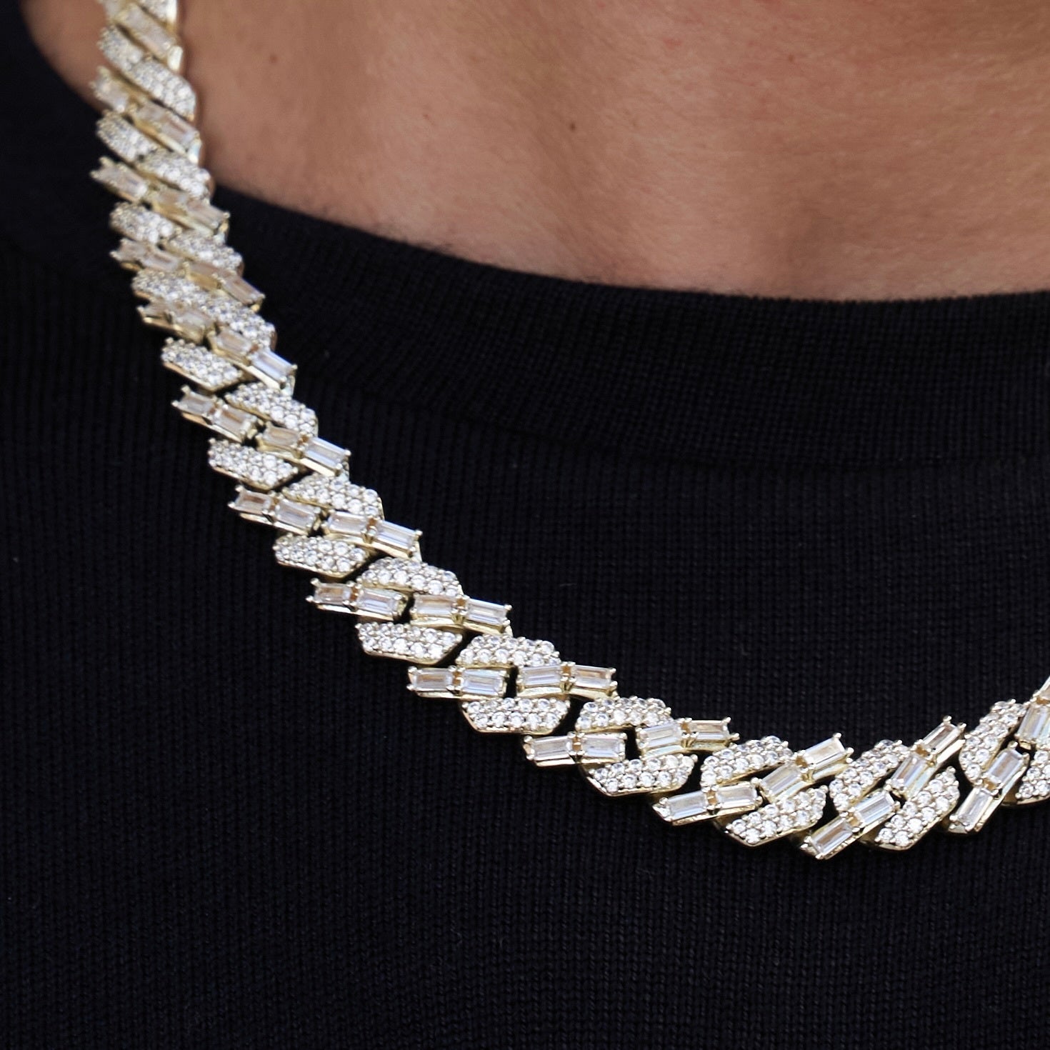 12mm Mixed Stone Diamond Cuban Necklace - Yellow Gold