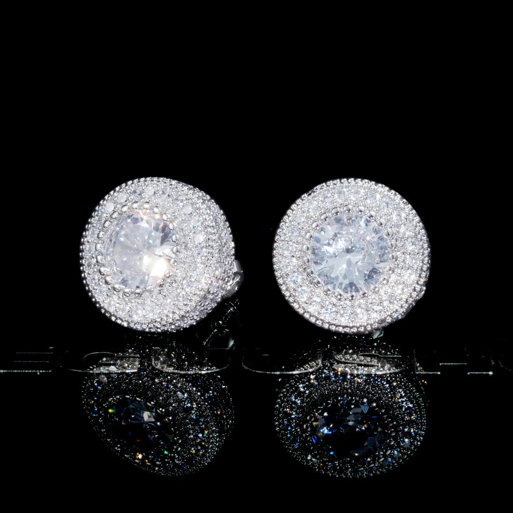 925 STERLING GOLD-PLATED/SILVER ICED ROUND SHAPE 12MM HIP HOP EARRINGS