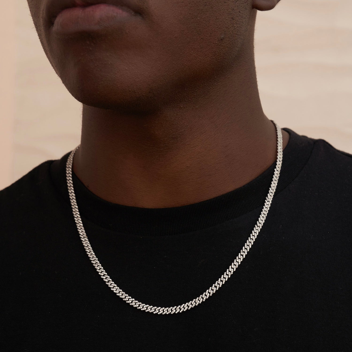 Micro Diamond Prong Cuban Necklace - White Gold