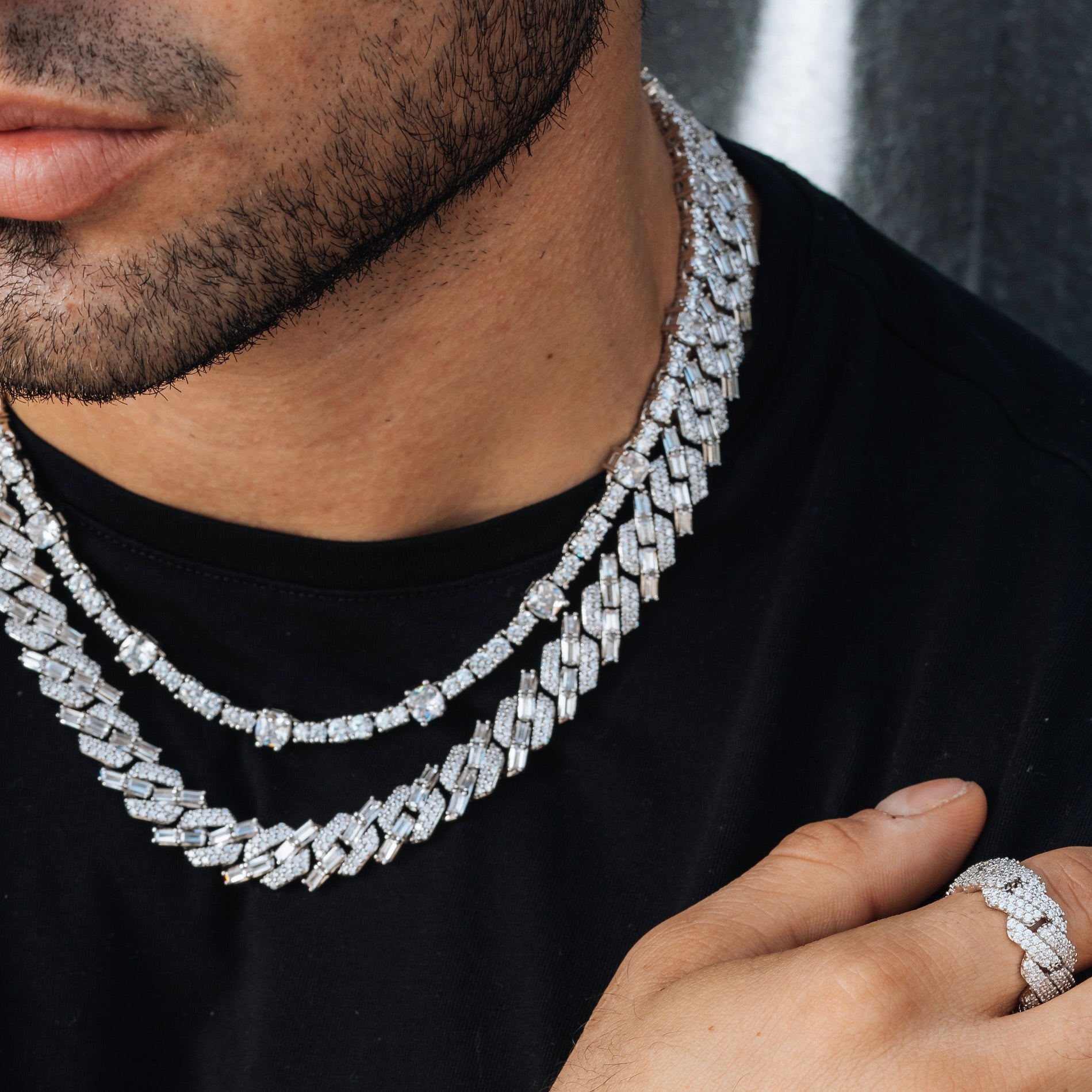 12mm Mixed Stone Diamond Cuban Necklace - White Gold