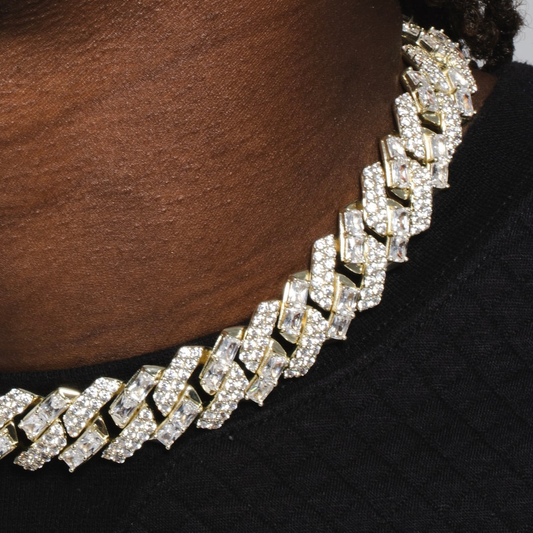 19mm Mixed Stone Diamond Cuban Necklace - Yellow Gold
