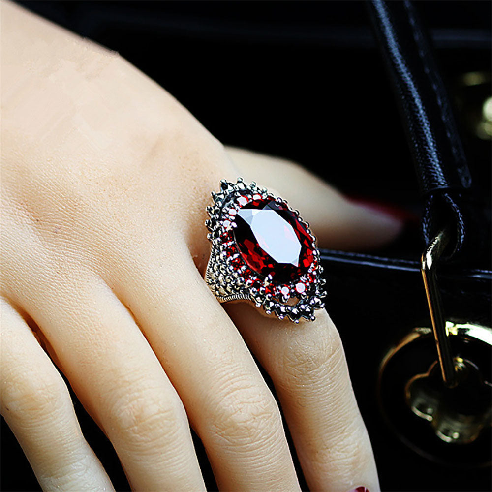 925 Sterling Silver Vintage Retro Ring with Oval Red/Blue Cubic Garnet Gothic ring for Women