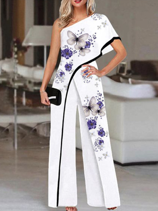 Fashion floral print one-shoulder jumpsuit for ladies
