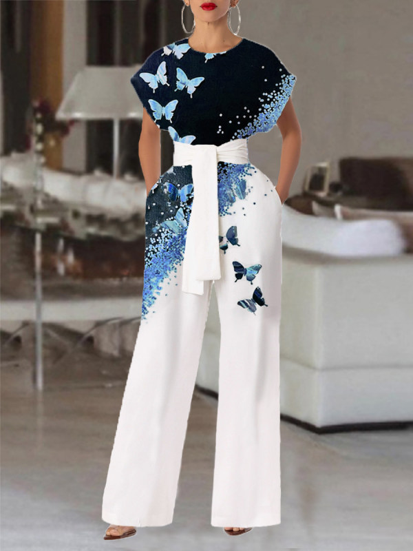Fashion Butterfly Print Relaxed Cap Sleeve Jumpsuit Women
