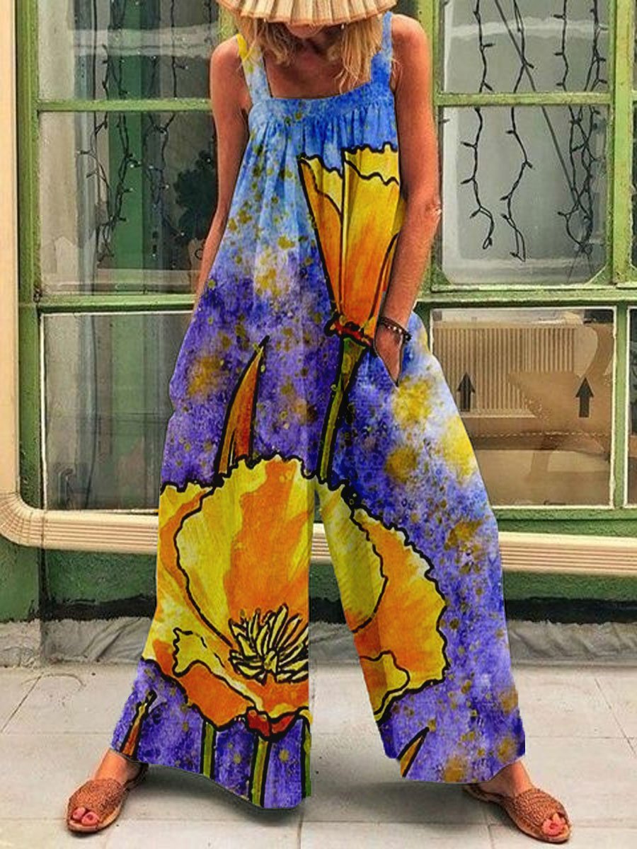 Purple Flower Print Loose Jumpsuit
