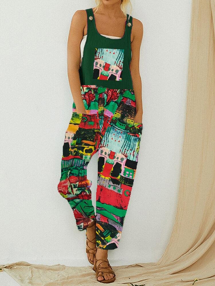 Vintage Printed Straps Jumpsuit With Pocket