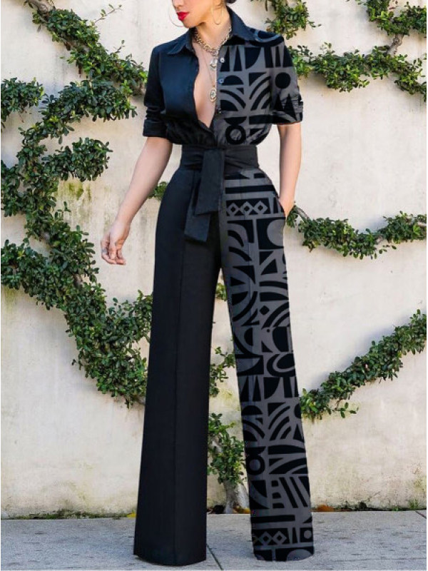Women's fashion asymmetrical linear element printed jumpsuit