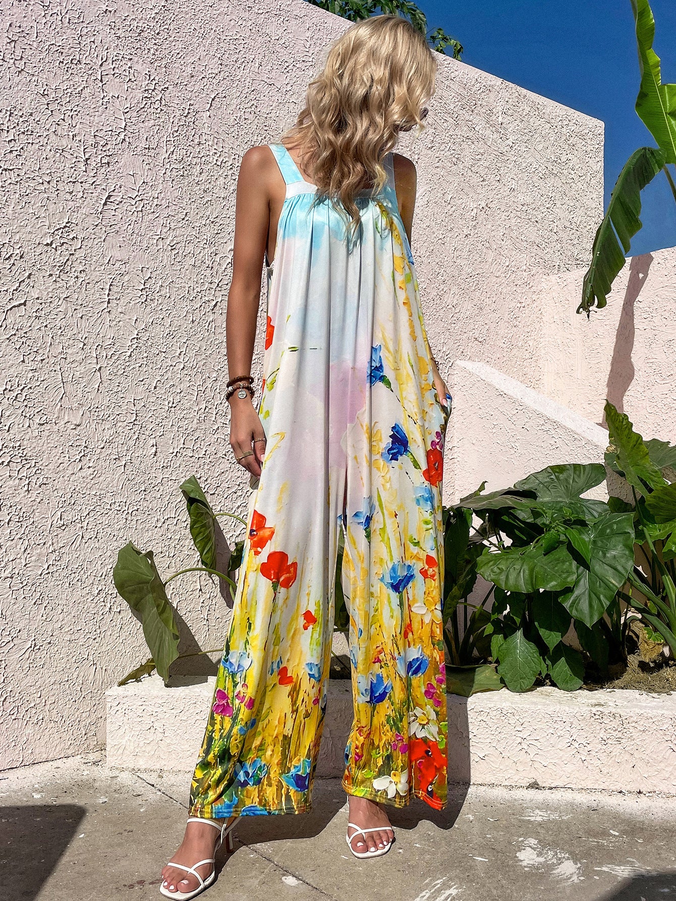 Tulip print casual halter wide leg jumpsuit