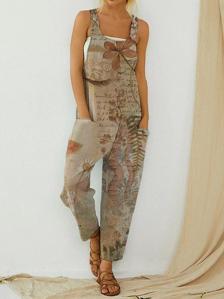 Vintage Portrait Print Sleeveless Pockets Button Jumpsuit For Women