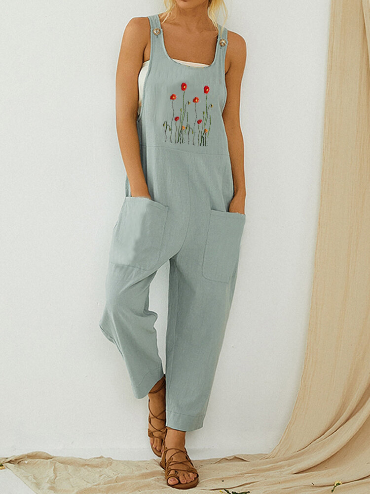 Flower Embroidered Straps Casual Jumpsuit For Women