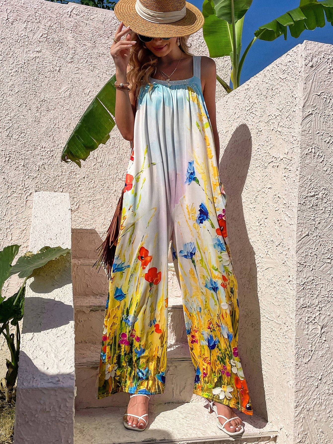 Tulip print casual halter wide leg jumpsuit