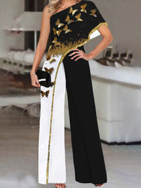 Fashion Butterfly Print One Shoulder Jumpsuit Women