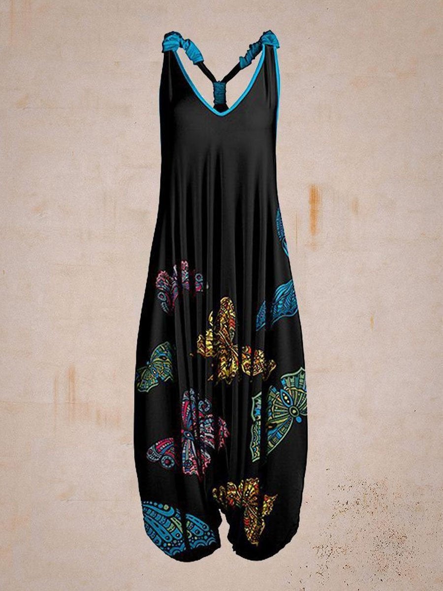 Black & Blue Butterfly Racerback Harem Jumpsuit - Women