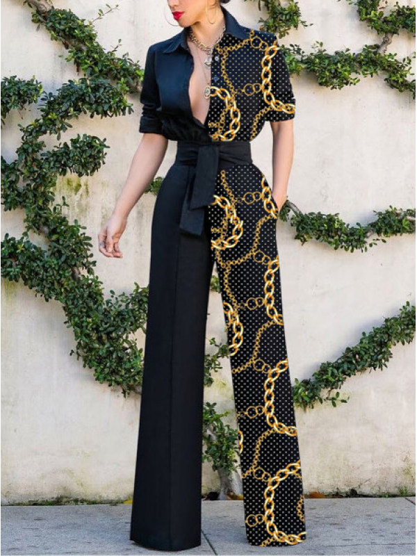 Women's fashion asymmetric zipper element printed jumpsuit