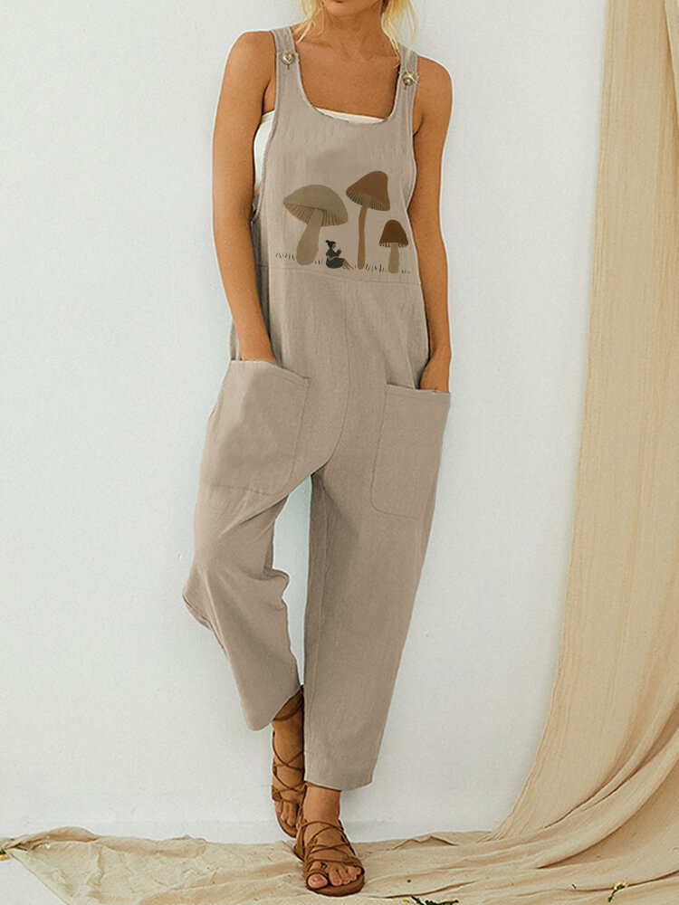 Mushroom Print Straps Casual Jumpsuit With Pocket