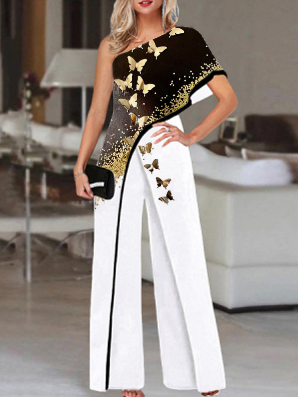 Fashion Butterfly Print One Shoulder Jumpsuit Women