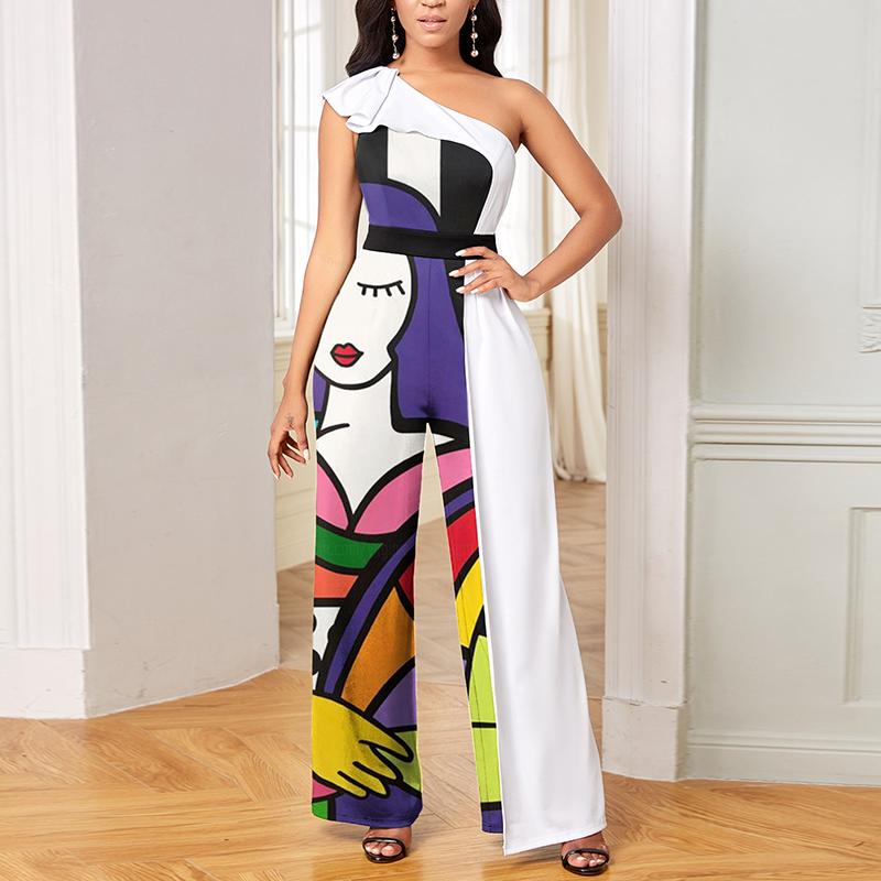 Fashion Slant Collar Sleeveless Abstract Print Jumpsuit