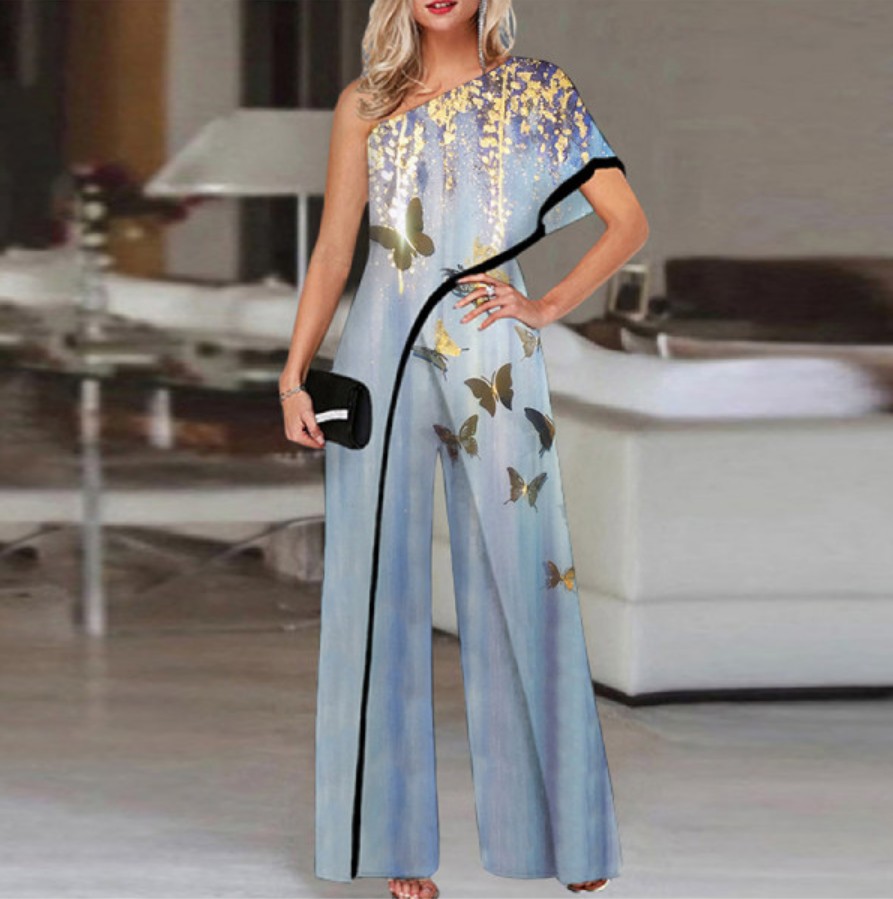 Fashion long-sleeved butterfly print jumpsuit