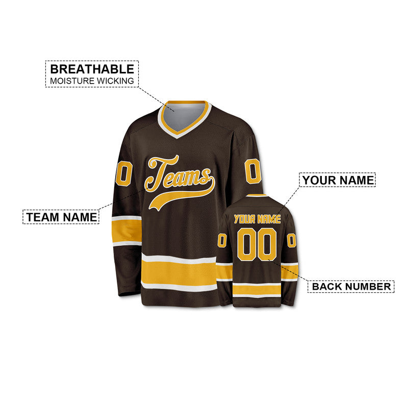 Custom Brown Gold-White Authentic Hockey Jersey