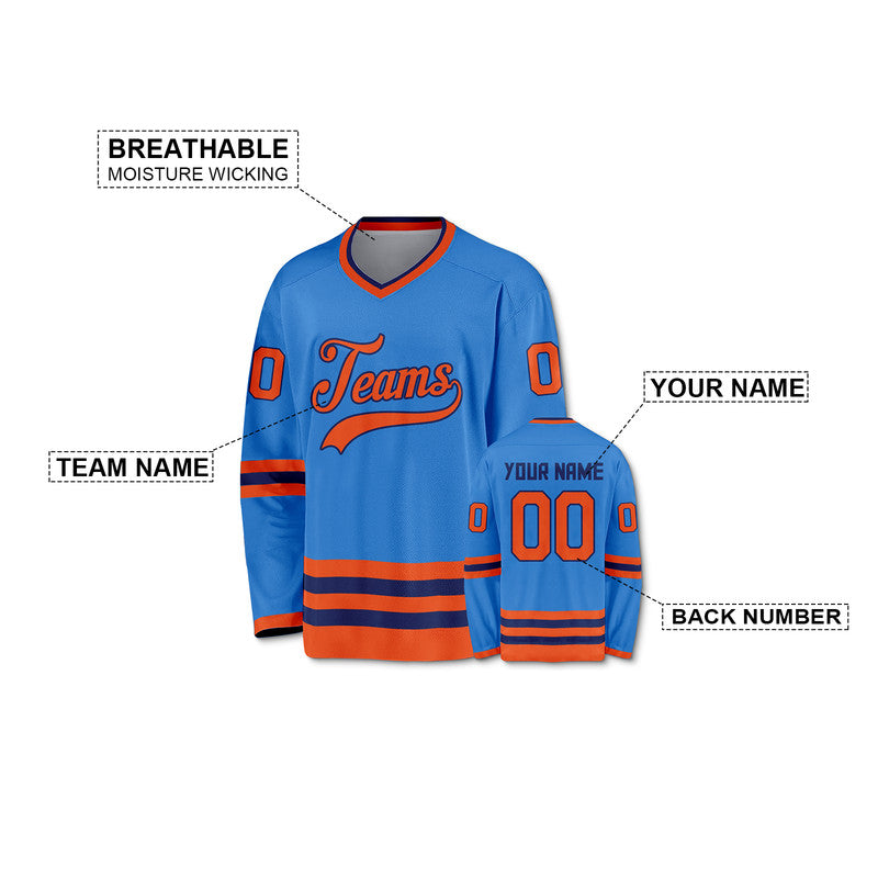 Custom Powder Blue Orange-Black Authentic Hockey Jersey