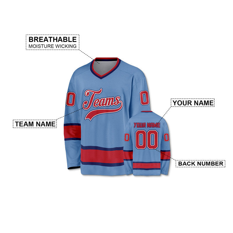 Custom Light Blue Red-Black Authentic Hockey Jersey