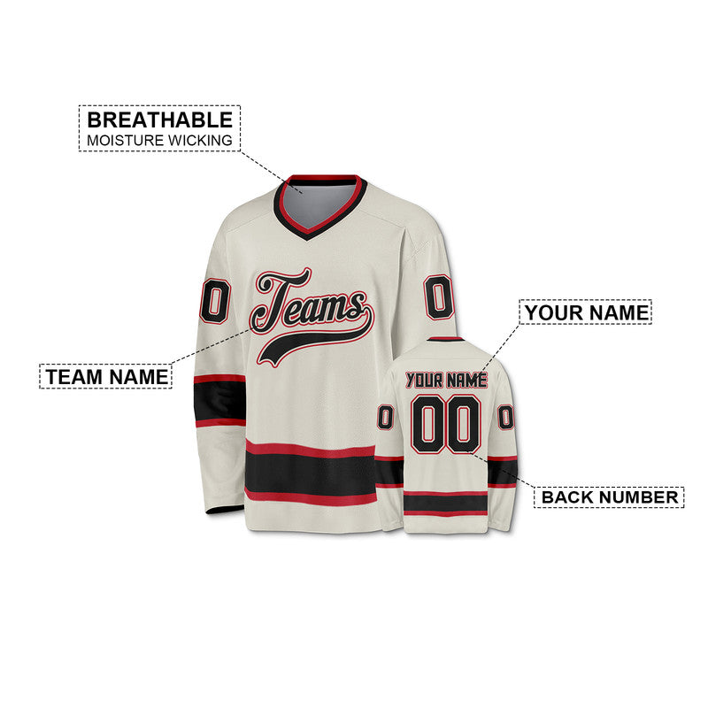 Custom Cream Black-Red Authentic Hockey Jersey