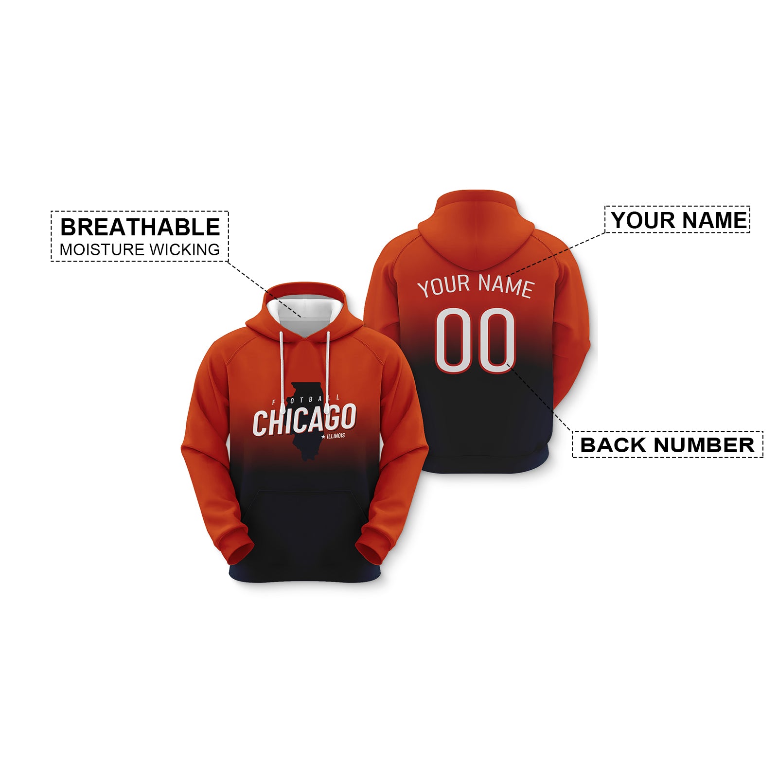 Custom Sports Pullover Sweatshirt City Chicago Map Split Fashion Football Hoodie