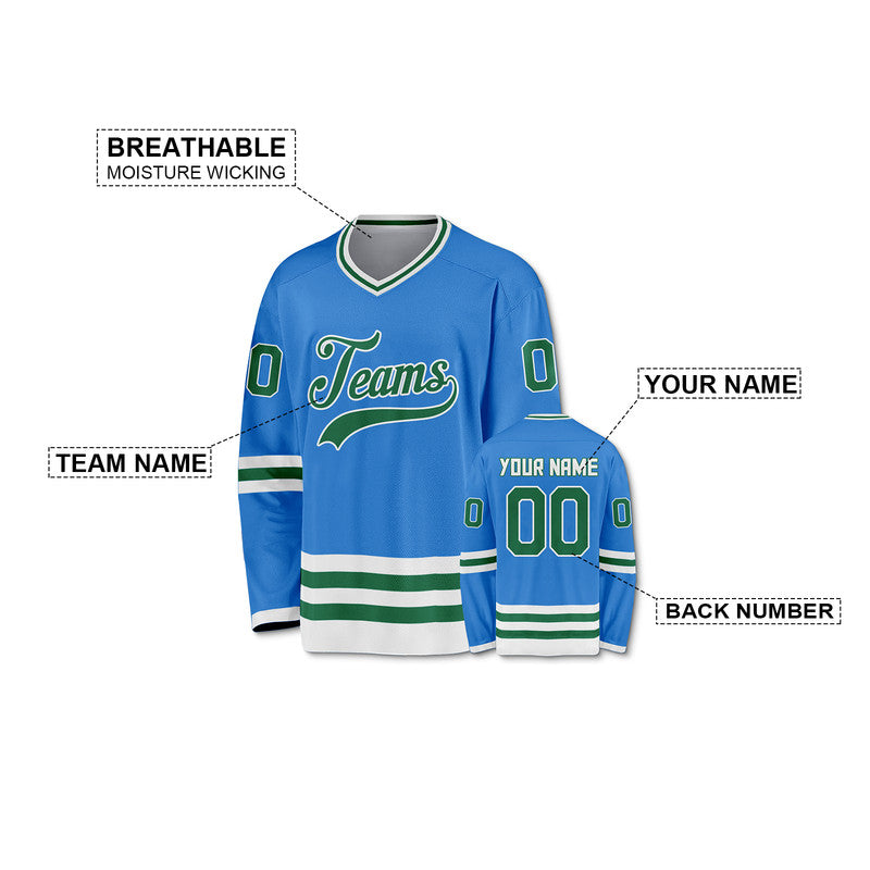 Custom Powder Blue Green-White Authentic Hockey Jersey