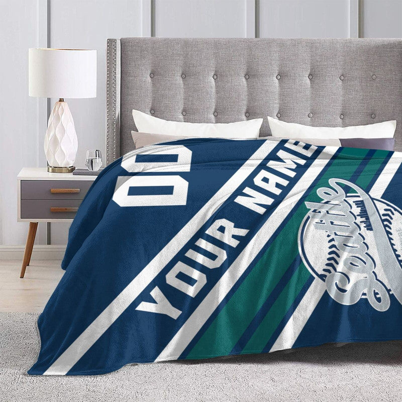Custom Baseball Seattle  Fleece Throw Blanket With Name Number for Fans Gifts
