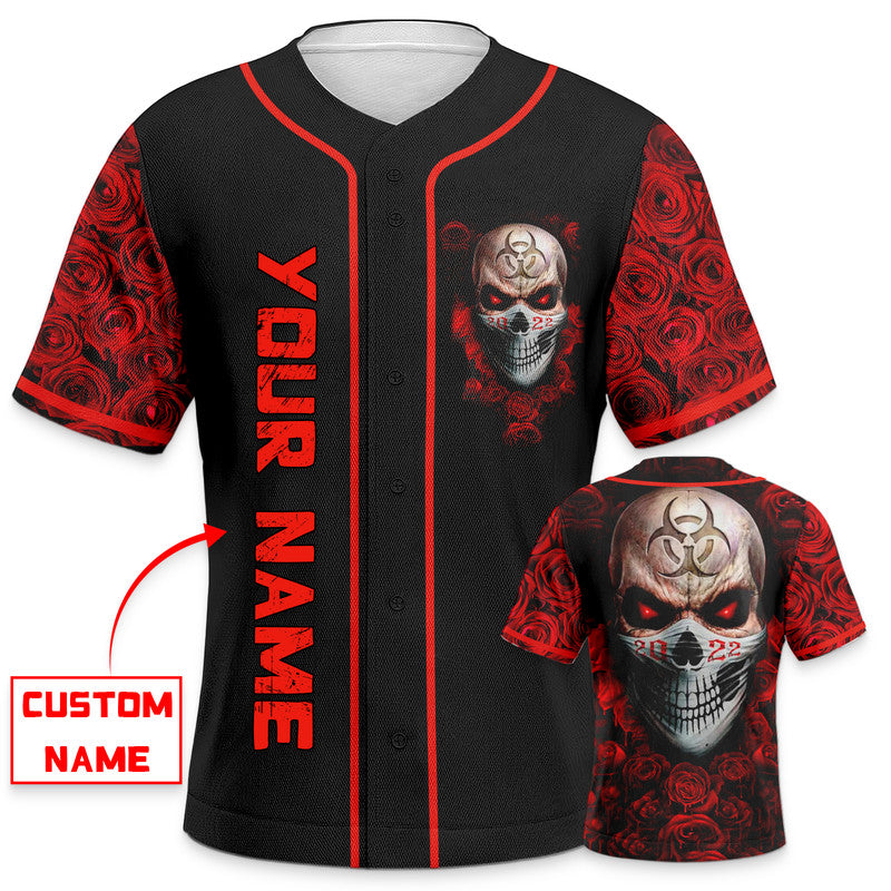 2022 Red Biohazard Lockdown Rose Skull Custom Baseball Jersey