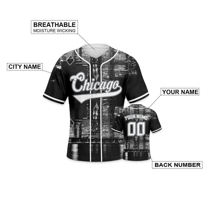 Custom 3D Night View Balck Gray-White Authentic Baseball Silhouette Jersey