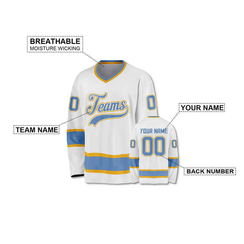 Custom White Light Blue-Gold Authentic Hockey Jersey