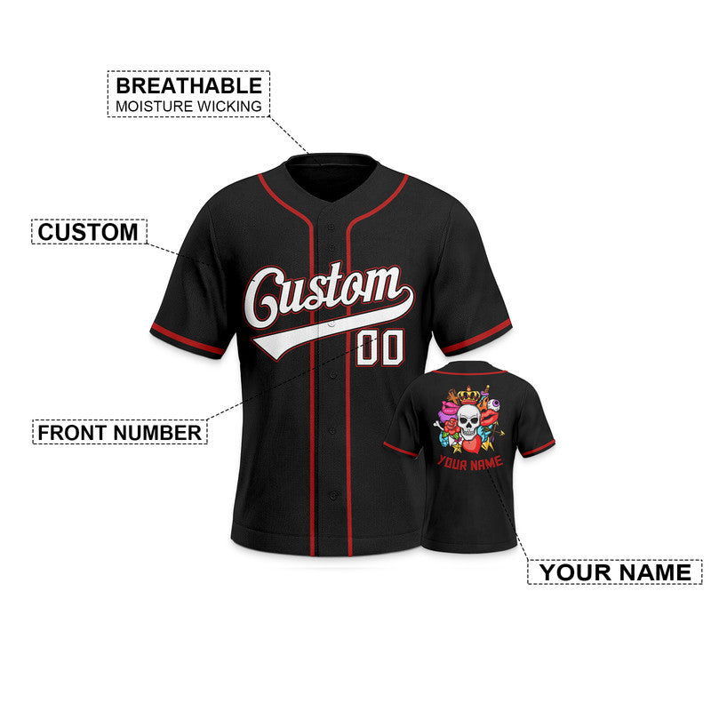 Custom Black White-Red Authentic Skull Fashion Baseball Jersey 2